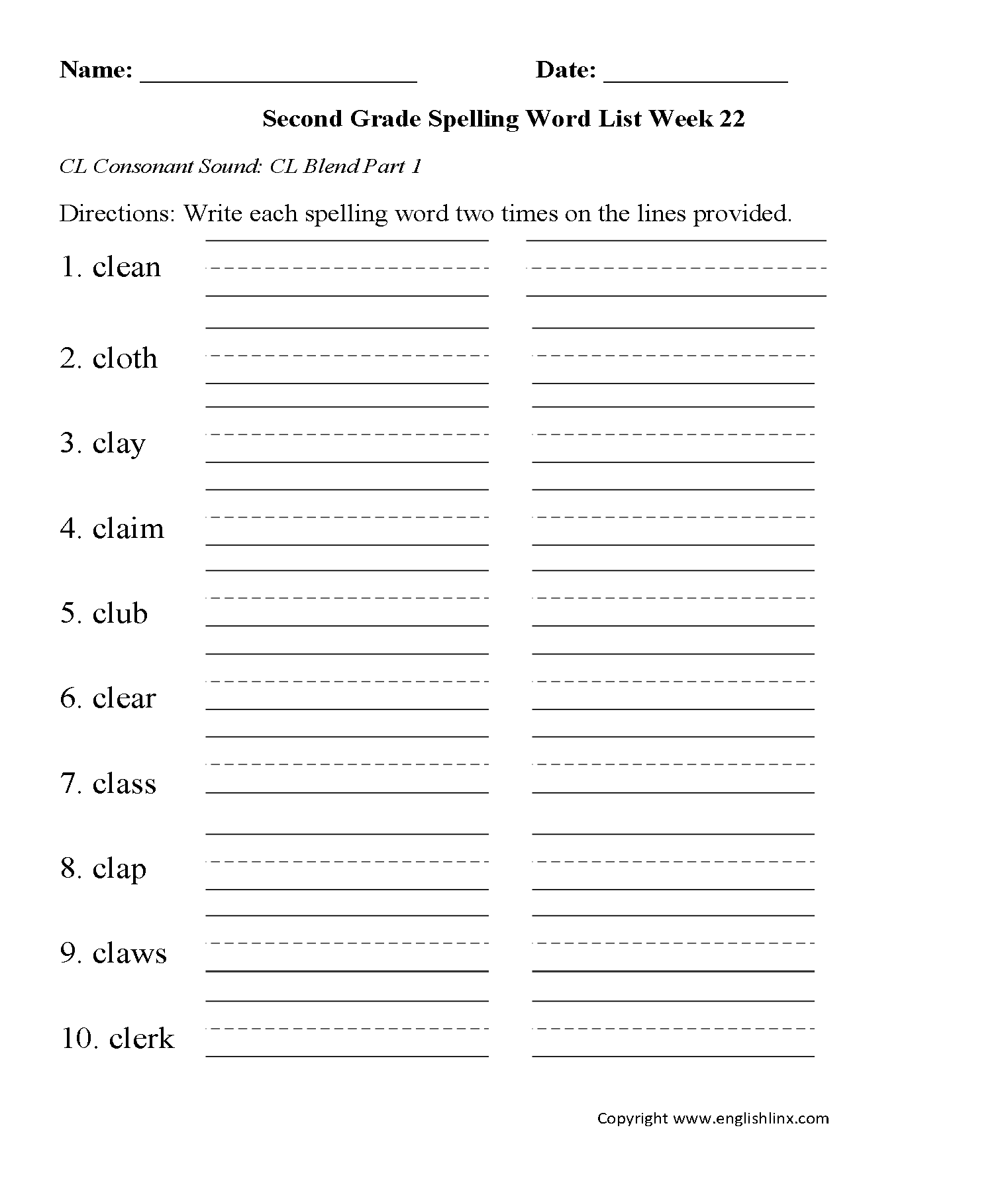 Week 22 CL Consonant Blend 1 Second Grade Spelling Words Worksheets